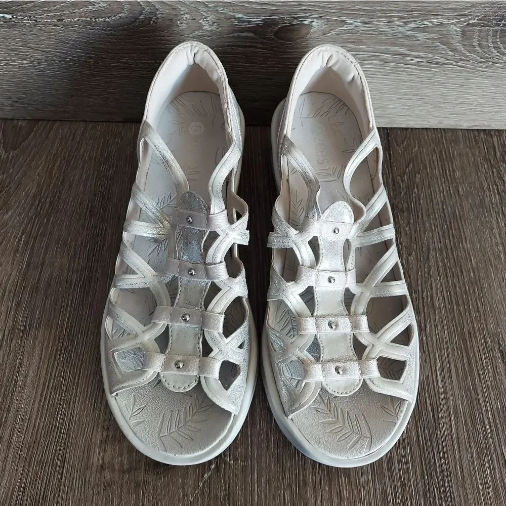 Bzees Sasha Silver Metallic Slip On Comfort Wedges Sandal, Women's Size 8.5